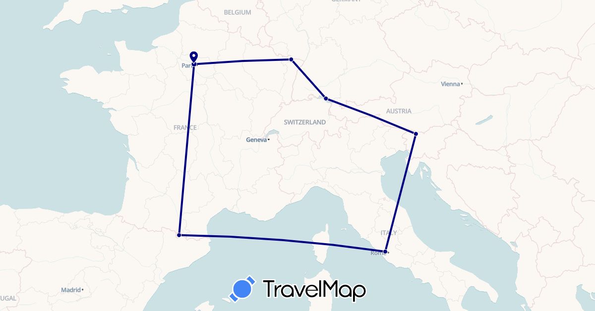 TravelMap itinerary: driving in Andorra, Germany, France, Italy, Slovenia (Europe)